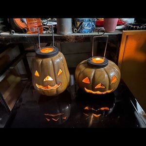 2 ceramic hanging Jack O Lanterns.Tea light candle